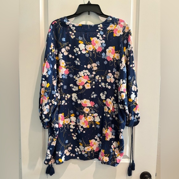 a.n.a. Blue Floral Balloon Tassel Trim Sleeve Rayon Kimono Cardigan - Picture 2 of 5